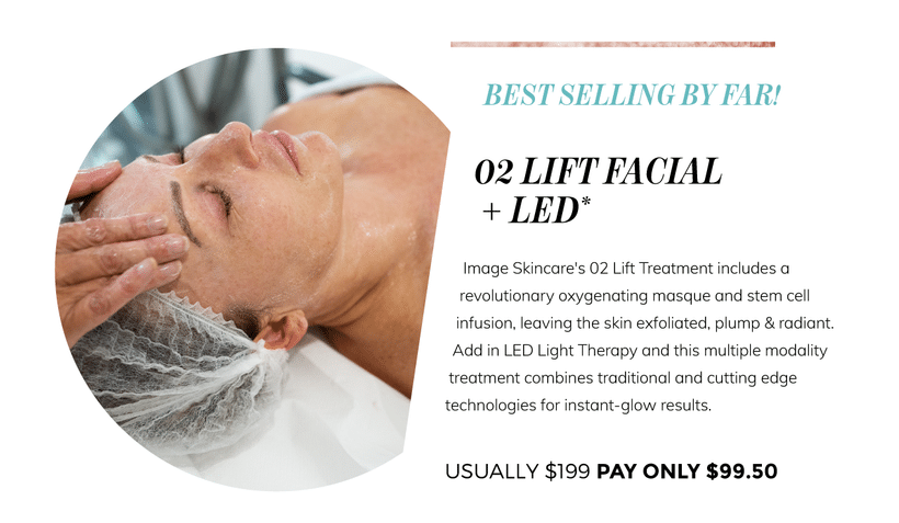 02 Lift Facial plus LED. Image Skincare's 02 Lift Treatment includes a revolutionary oxygenating masque and stem cell infusion, leaving the skin exfoliated, plump and radiant. Add in LED Light Therapy and this multiple modality treatment combines traditional and cutting edge technologies for instant-glow results. Usually pay $199, pay only $99.50.